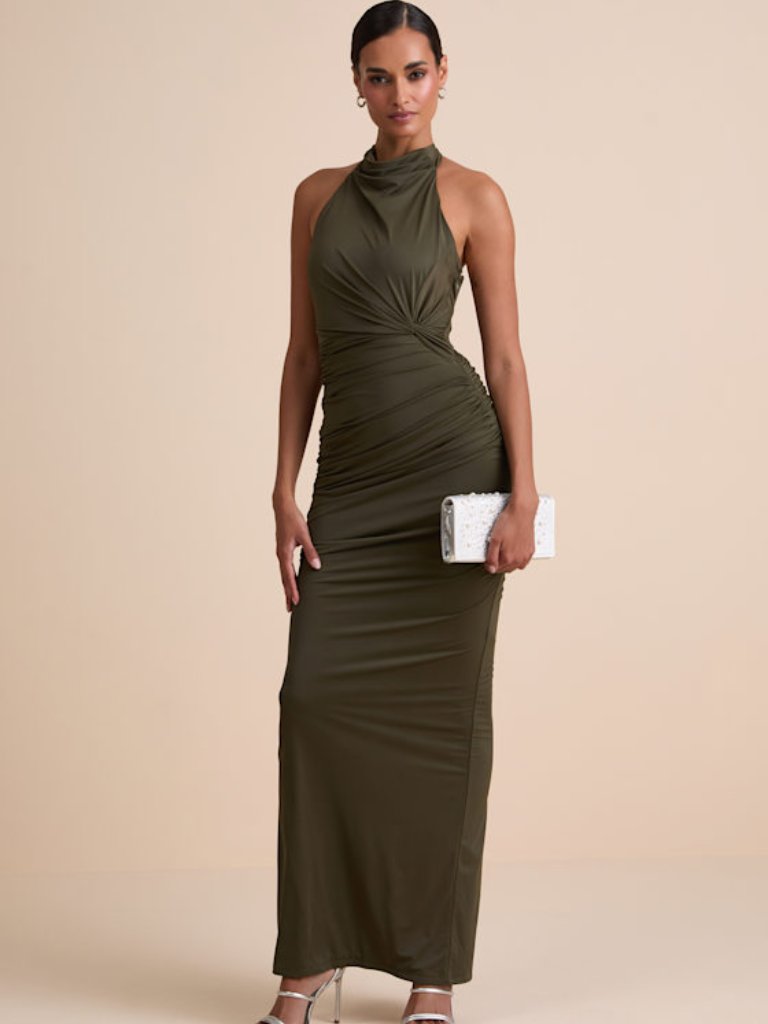 Lulus Seraiah Olive Green Knotted Ruched Halter Maxi Dress - Size S